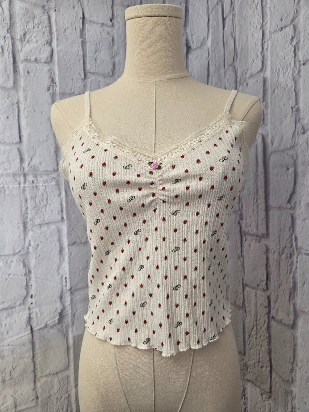 PINK Strawberry Lace Trim  Victoria's Secret Small Red Ivory Crop Sleep Cami